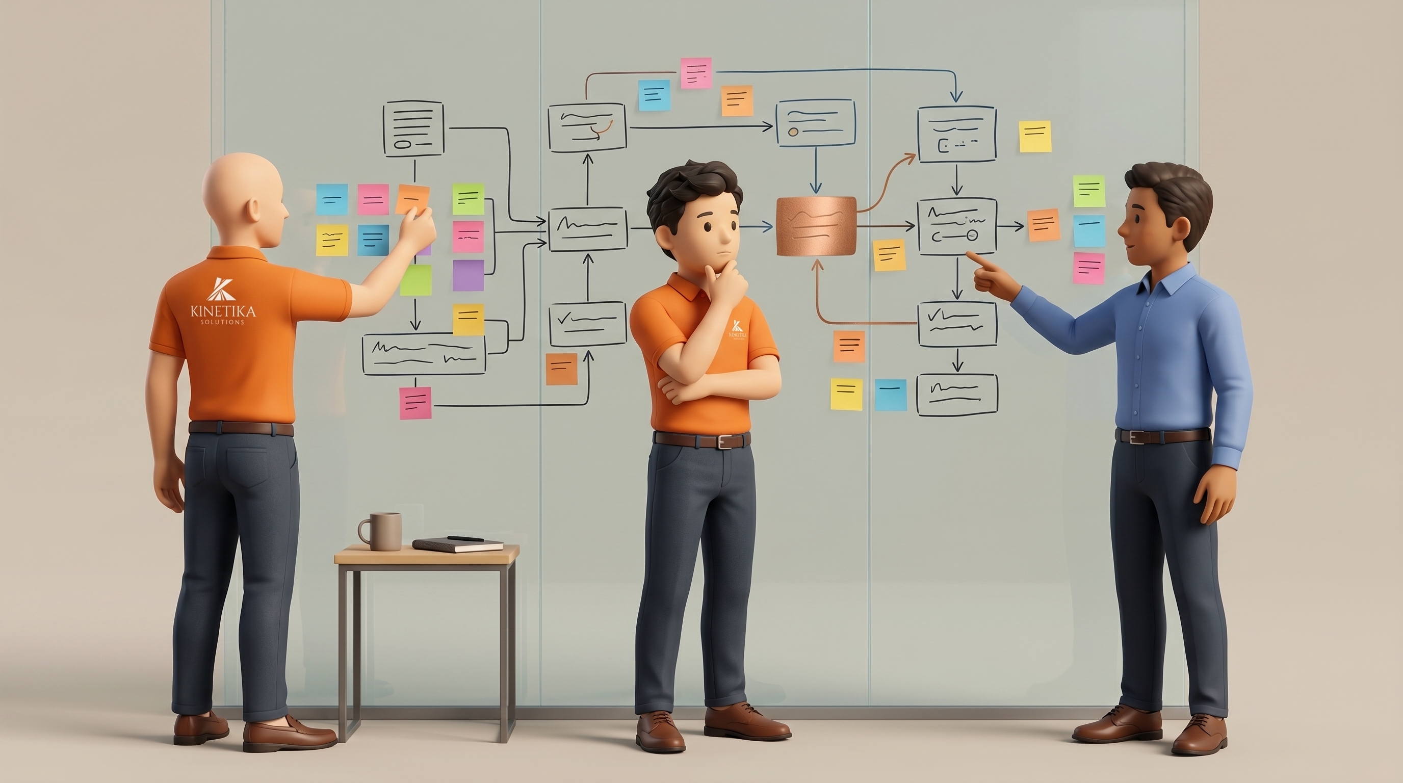 Consultores de Kinetika mapeando el proceso de un cliente sobre un muro de notas y diagrama de flujo